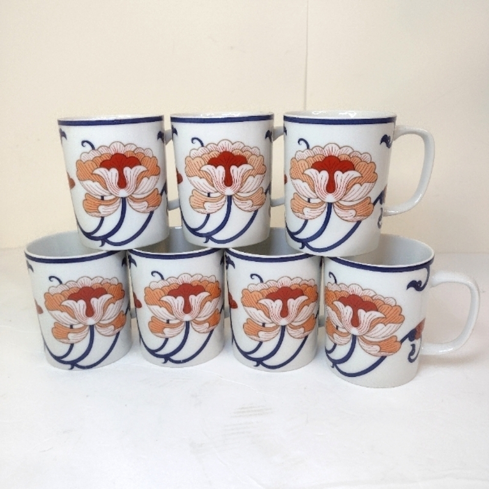 Fitz and Floyd Vintage Variations lotus mugs Japan deco set of (7)